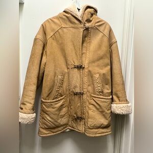 Gallery tan beige coat vintage hooded suede leather faux fur lining. Size M